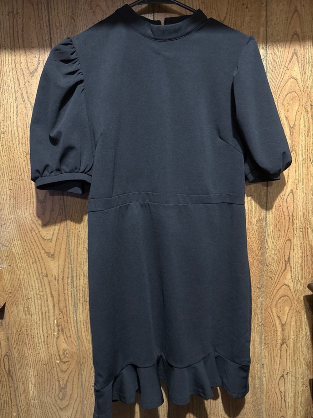SHEIN Black Puff-Sleeve Ruffle-Hem Midi Dress